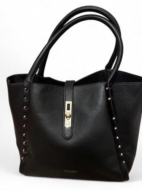 Black Leather Tote Bag with Gold Hardware